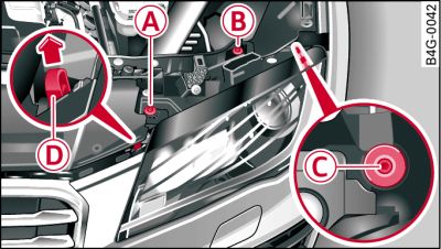 Left headlight: Securing screws and headlight catch